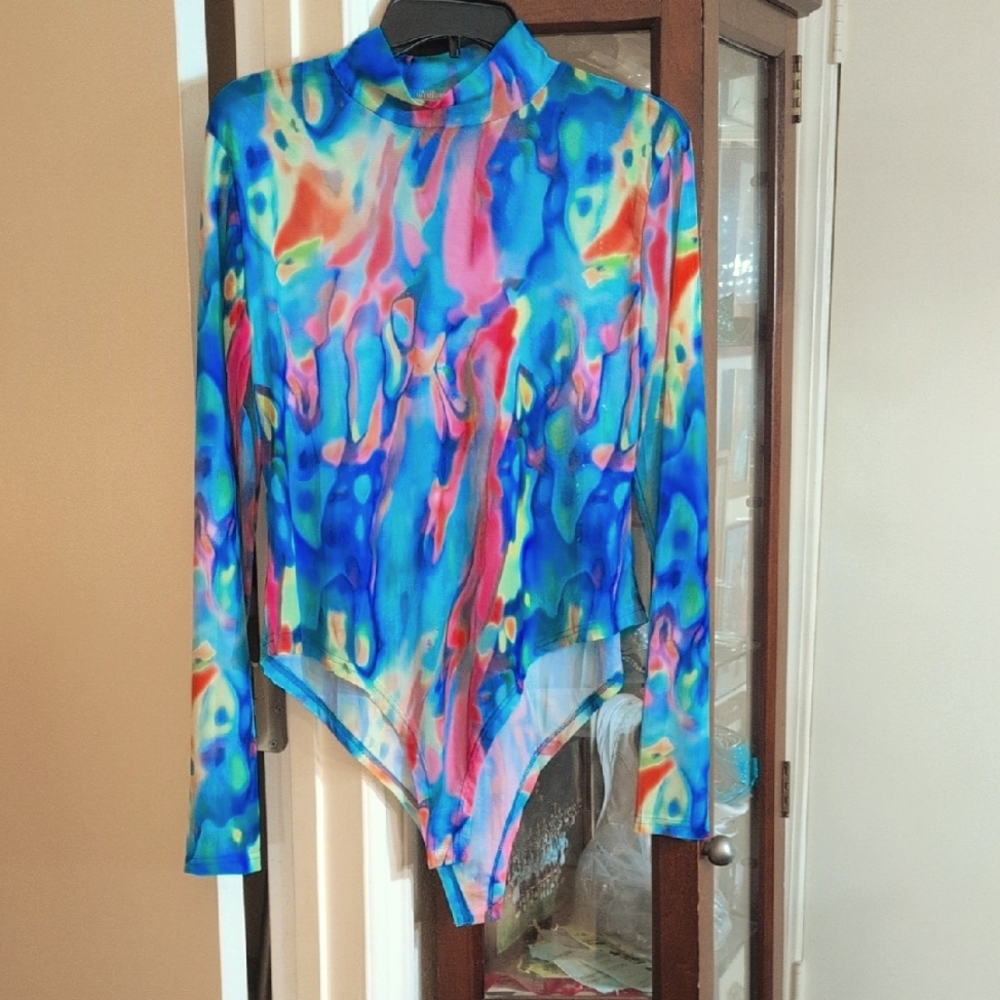 Colorful Abstract Long Sleeve Bodysuit NWOT. Mesh